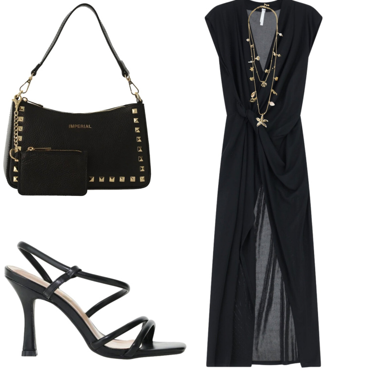 Outfit donna - Eventi estivi. Stile Casual chic per Serata fuori. Abbinamento con vestiti lunghi, collane, sandali col tacco, borse a spalla.