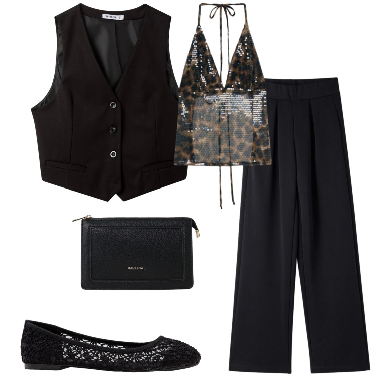 Outfit donna - Serata dance. Stile Casual chic per Serata fuori. Abbinamento con ballerine, top, pantaloni, gilet, borse a tracolla.