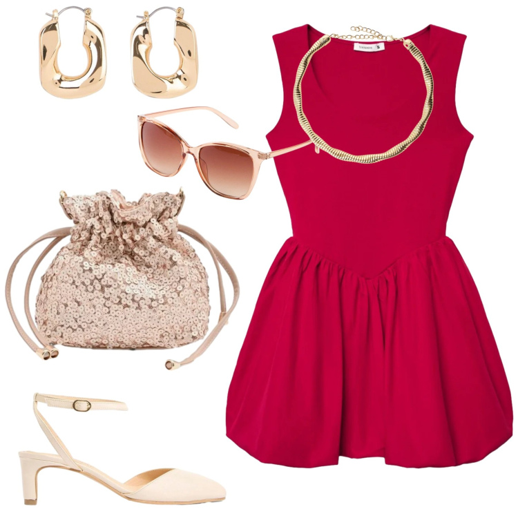 Outfit donna - Al compleanno. Stile Glamour per Cerimonia. Abbinamento con occhiali da sole, décolleté, orecchini, vestiti corti, pochette, collane.
