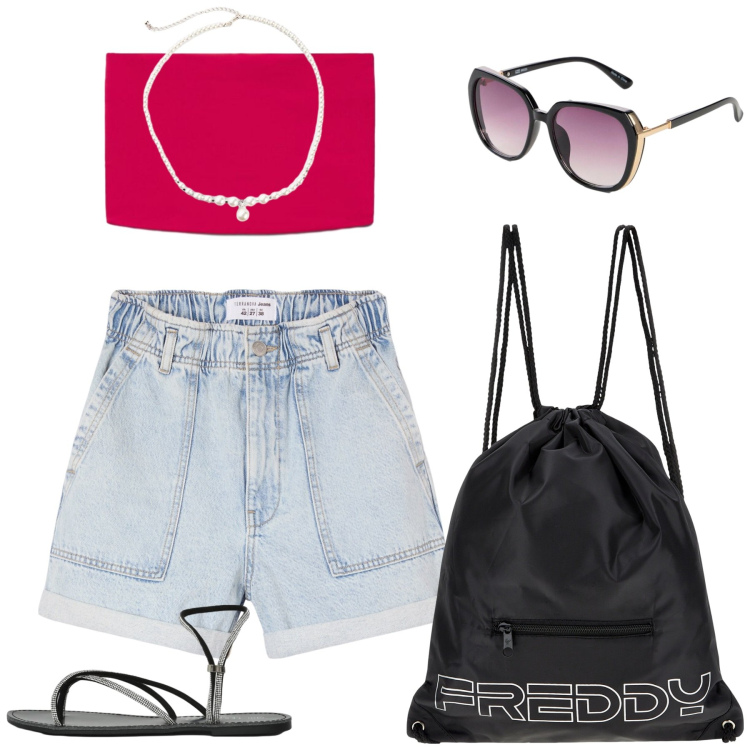 Outfit donna - Free time. Stile Casual per Mare. Abbinamento con occhiali da sole, collane, shorts, sandali, top, zaini.