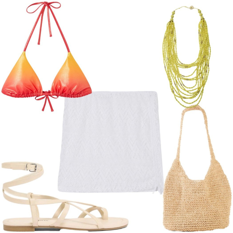 Outfit donna - Total look #2425559. Stile Trendy per Mare. Abbinamento con shopping bag, sandali, bikini, minigonne, collane.