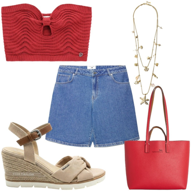 Outfit donna - Total look #2425560. Stile Trendy per Tutti i giorni. Abbinamento con sandali col tacco, shopping bag, bermuda, top, collane.