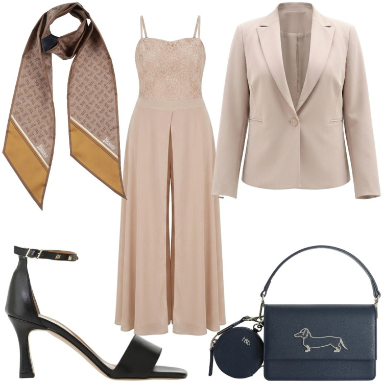 Outfit donna - Total look #2425562. Stile Chic per Cerimonia. Abbinamento con sciarpe, borse a tracolla, tute, blazer, sandali col tacco.