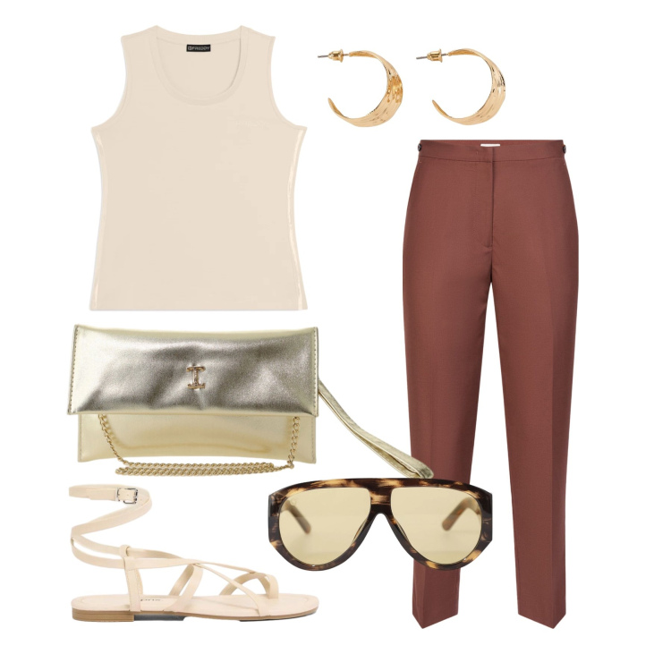 Outfit donna - Giugno. Stile Basic per Tutti i giorni. Abbinamento con sandali, orecchini, borse a tracolla, occhiali da sole, canottiere, pantaloni.