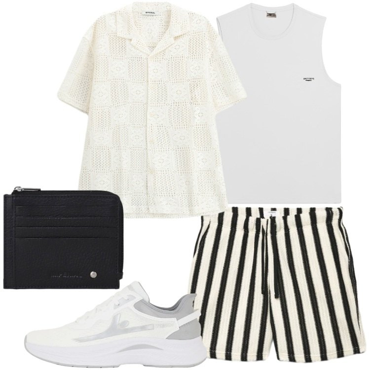 Outfit uomo - Luglio. Stile Trendy per Tutti i giorni. Abbinamento con pantaloni corti, sneakers, canottiere, camicie a manica corta, portafogli.