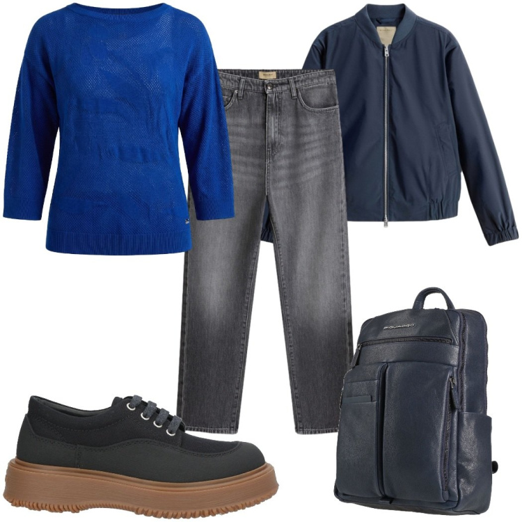 Outfit donna - Total look #2425579. Stile Casual per Scuola/Università. Abbinamento con zaini, scarpe stringate, maglieria, jeans, bomber.