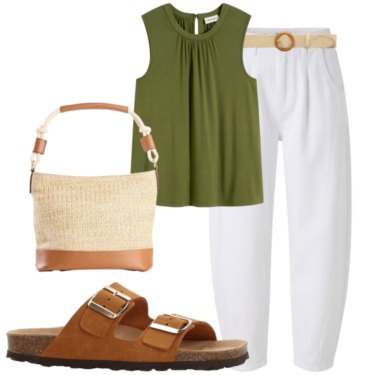 Outfit donna - Freschezza Naturale. Stile Casual per Tutti i giorni. Abbinamento con top, ciabatte, borse a mano, pantaloni, cinture, collane.