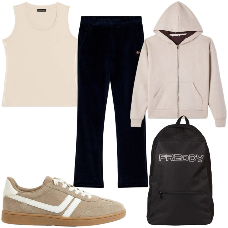 Outfit donna - Total look #2425581. Stile Basic per Sport. Abbinamento con sneakers, felpe con cappuccio, pantaloni, canottiere, zaini.
