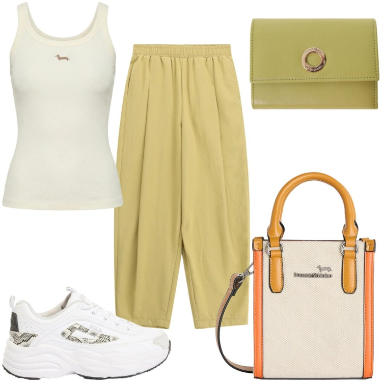 Outfit donna - Total look #2425583. Stile Basic per Tutti i giorni. Abbinamento con sneakers, canottiere, borse tote, portafogli, pantaloni a palazzo.
