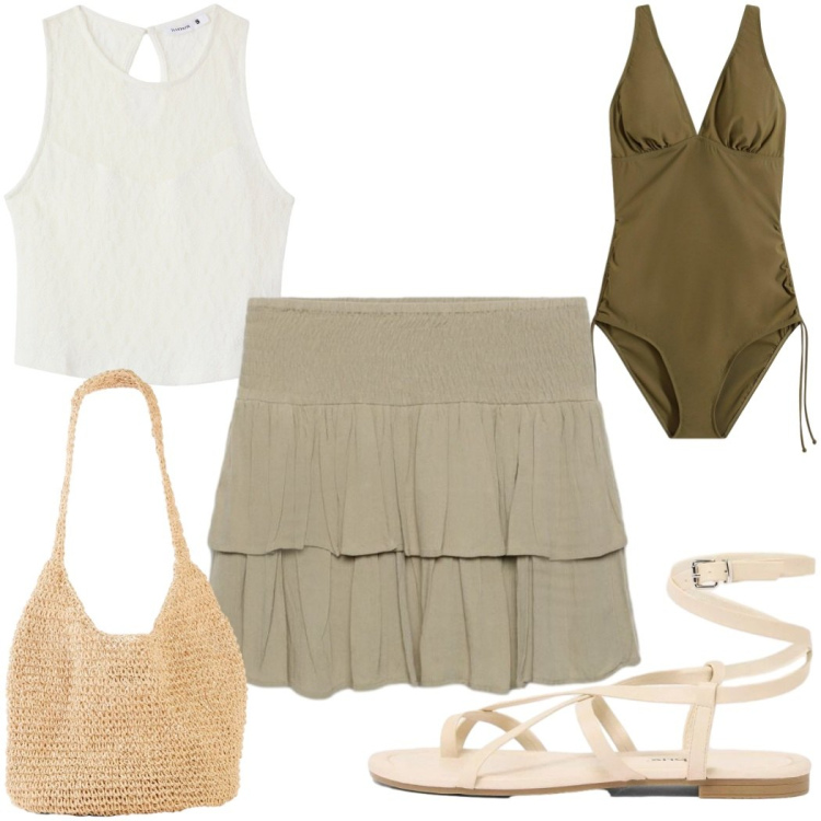 Outfit donna - Total look #2425586. Stile Etnico per Mare. Abbinamento con costumi interi, shopping bag, sandali, minigonne, top.