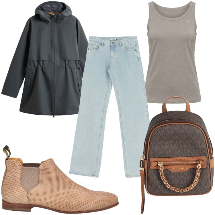 Outfit donna - Total look #2425593. Stile Casual per Tutti i giorni. Abbinamento con zaini, stivaletti chelsea, canottiere, parka, jeans dritti.