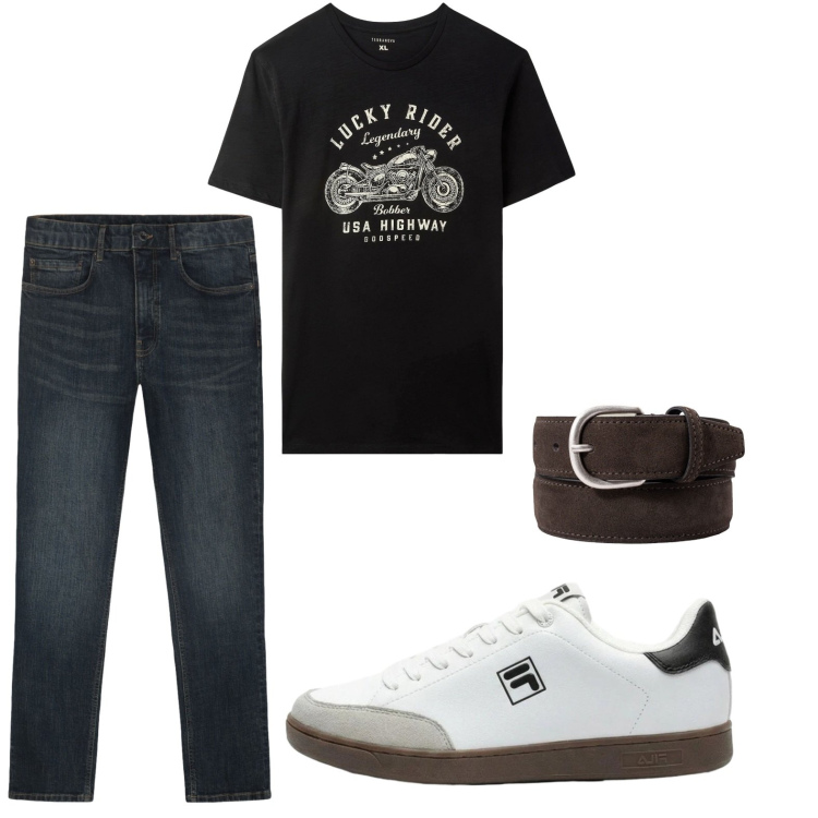 Outfit uomo - Total look #2425597. Stile Casual per Tutti i giorni. Abbinamento con sneakers, t-shirt, cinture, jeans.
