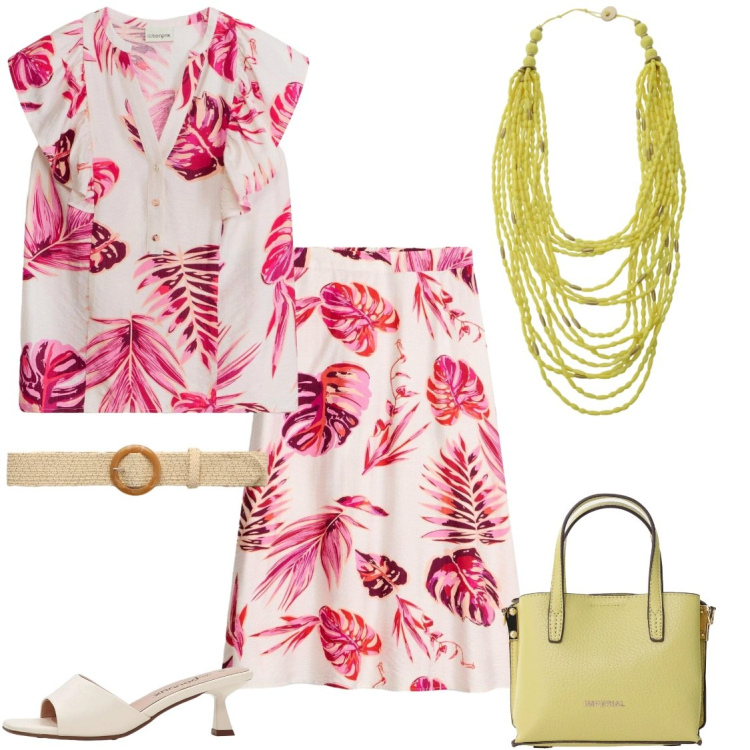Outfit donna - Calde giornate estive. Stile Chic per Tutti i giorni. Abbinamento con gonne longuette, bluse, sandali, cinture, collane, borse a tracolla.
