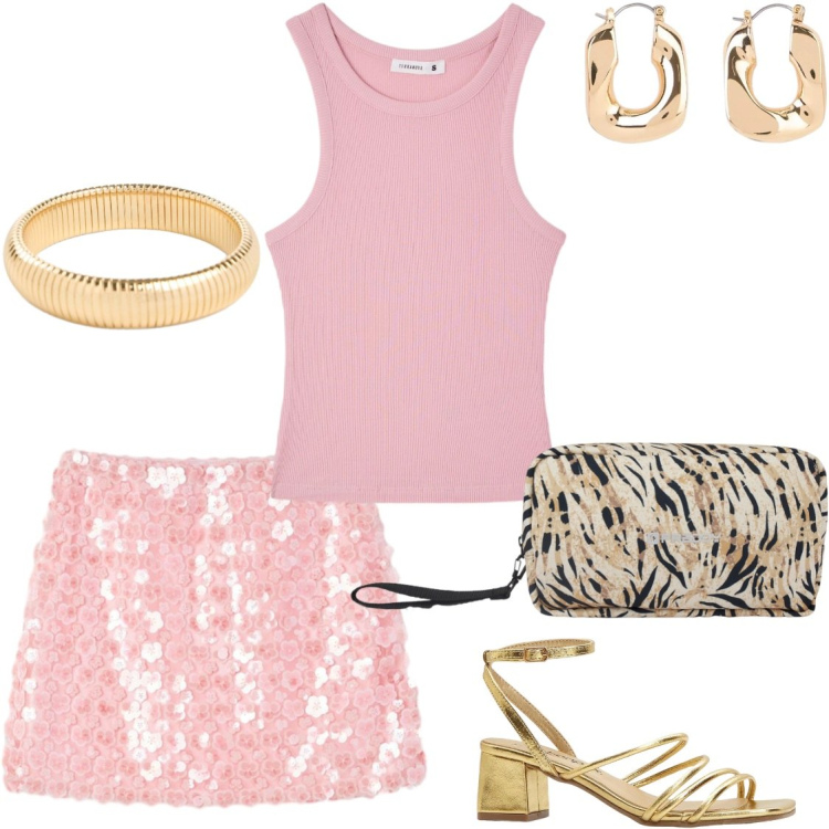 Outfit donna - Gonna mini. Stile Glamour per Serata fuori. Abbinamento con sandali col tacco, orecchini, braccialetti, minigonne, canottiere, valigie.