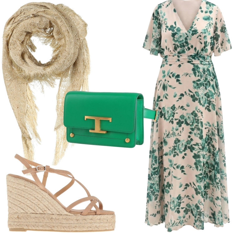 Outfit donna - Eleganza curvy per le sere di giugno. Stile Casual per Serata fuori. Abbinamento con stole, marsupi, espadrillas, vestiti lunghi.