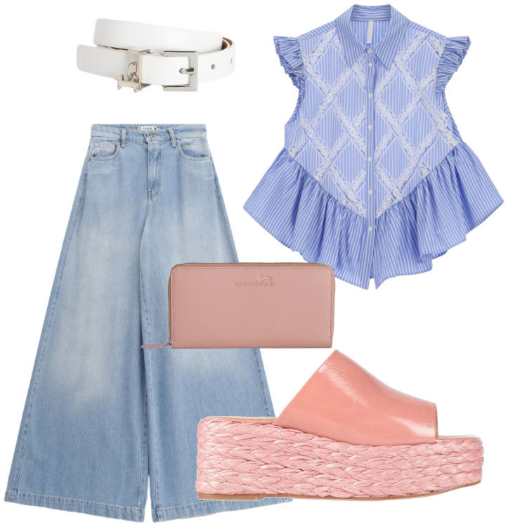 Outfit donna - Estate in stile naturale. Stile Casual per Tutti i giorni. Abbinamento con sandali in pelle, cinture, portafogli, jeans, camicie a manica corta.