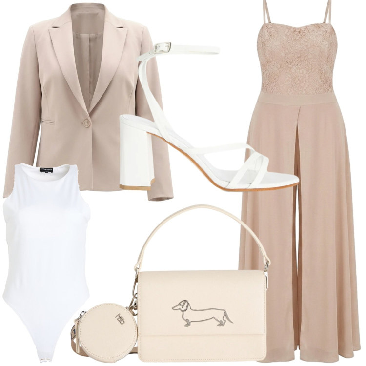 Outfit donna - Eleganza curvy per le sere di giugno. Stile Glamour per Cerimonia. Abbinamento con body, sandali in pelle, borse a tracolla, tute, blazer.