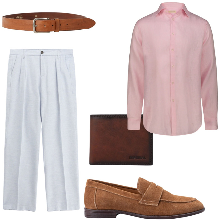 Outfit uomo - Eleganza rilassata. Stile Trendy per Tutti i giorni. Abbinamento con camicie, scarpe stringate, pantaloni, portafogli, cinture.