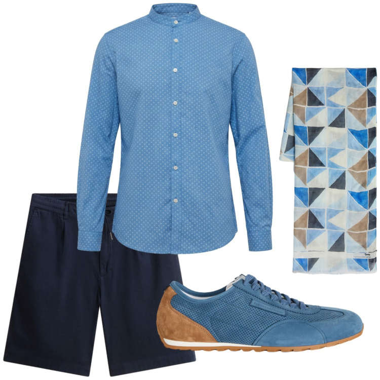 Outfit uomo - Stile coastal. Stile Trendy per Tutti i giorni. Abbinamento con sciarpe, camicie, sneakers, pantaloni corti.