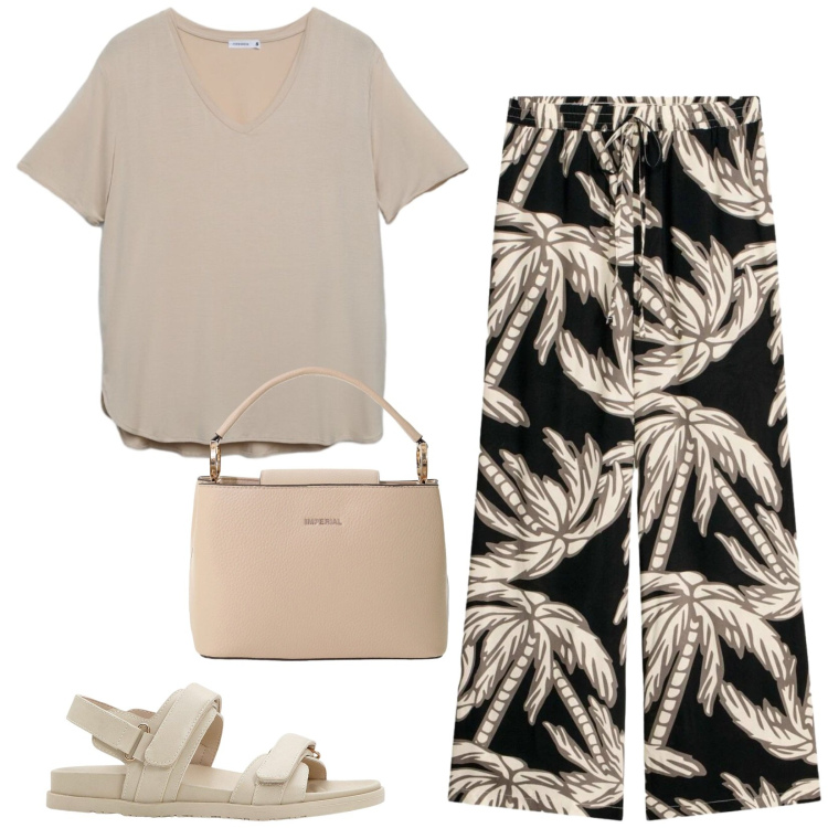 Outfit donna - Total look #2425630. Stile Casual per Tutti i giorni. Abbinamento con pantaloni, sandali, t-shirt, borse a secchiello.