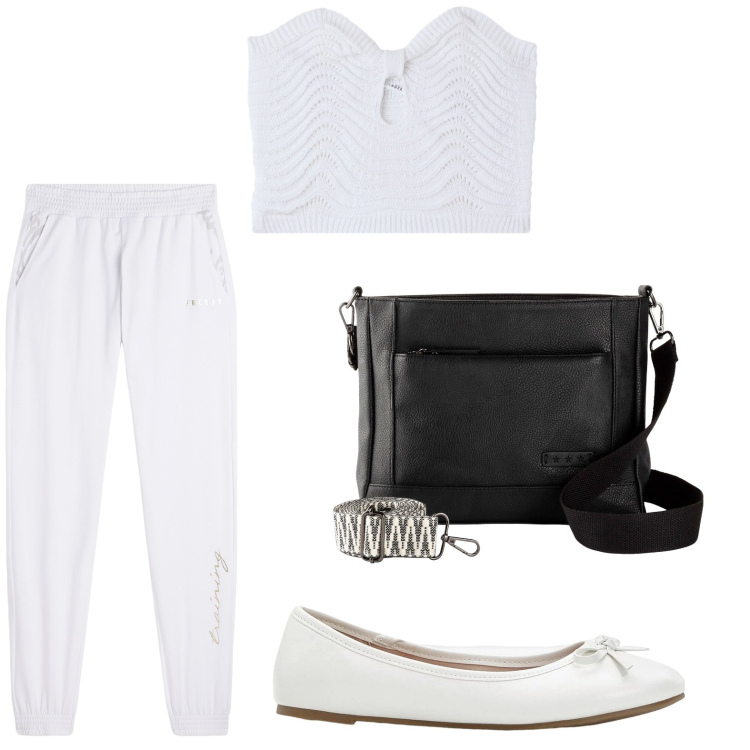 Outfit donna - Toni eleganti. Stile Chic per Tutti i giorni. Abbinamento con ballerine, borse a tracolla, top, pantaloni.