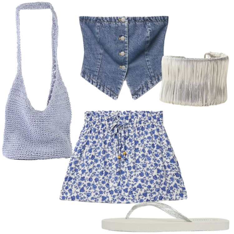 Outfit donna - Essenziale. Stile Casual per Tutti i giorni. Abbinamento con shopping bag, infradito, top, shorts, braccialetti.