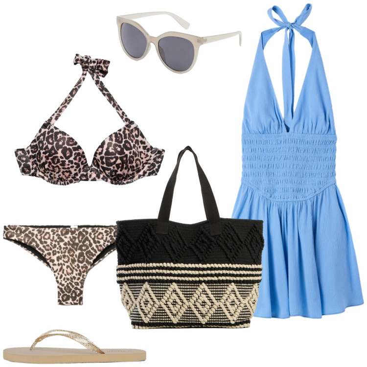 Outfit donna - Mare, mare. Stile Trendy per Mare. Abbinamento con shopping bag, occhiali da sole, bikini, tuta corta, bikini, infradito.
