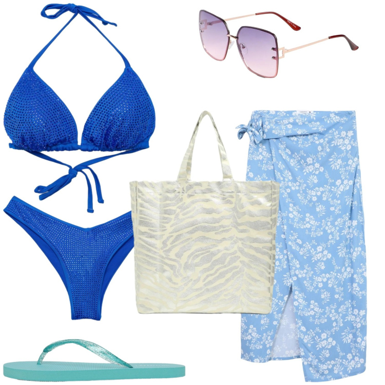 Outfit donna - Glamour al mare. Stile Glamour per Mare. Abbinamento con occhiali da sole, vestiti da spiaggia, infradito, shopping bag, bikini, bikini.