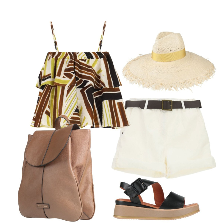 Outfit donna - Caldo in città. Stile Casual chic per Tutti i giorni. Abbinamento con zaini, cappelli, sandali in pelle, top, shorts.