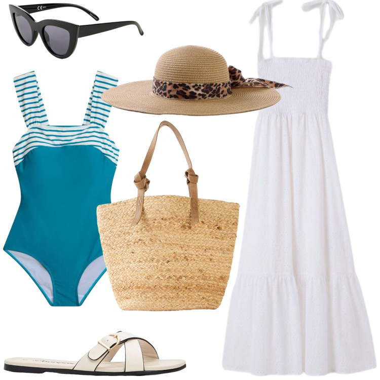 Outfit donna - Mare, nello stile Vintage Retro\'. Stile Vintage retrò per Mare. Abbinamento con ciabatte, shopping bag, occhiali da sole, costumi interi, cappelli, vestiti lunghi.