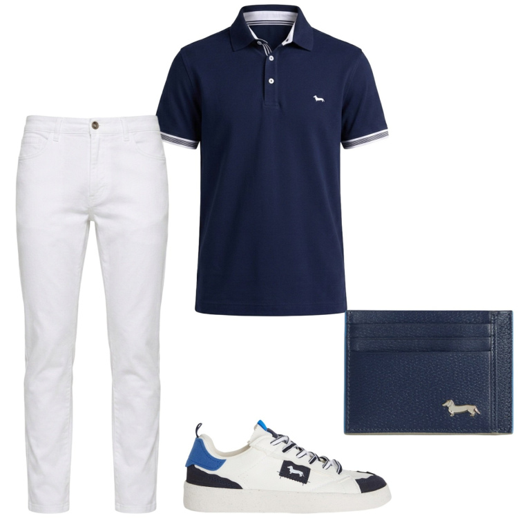 Outfit uomo - Cena in riva al mare. Stile Trendy per Serata speciale. Abbinamento con sneakers, portafogli, polo, jeans.