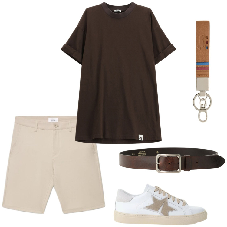 Outfit uomo - Gita fuori porta. Stile Casual per Tutti i giorni. Abbinamento con portachiavi, shorts, cinture, sneakers, t-shirt.