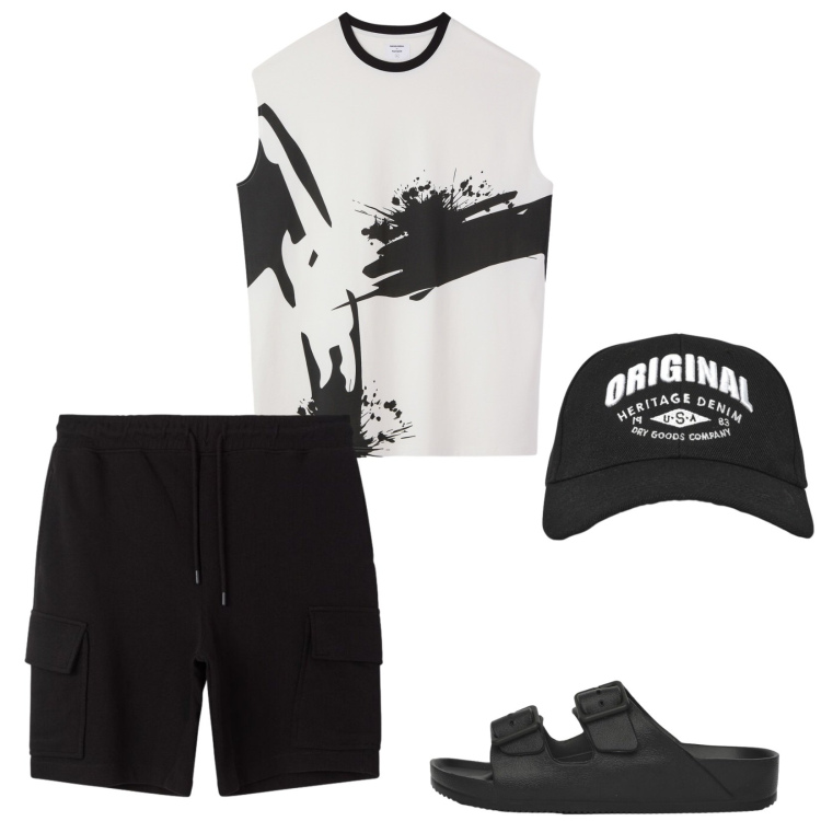 Outfit uomo - Summer in black and white. Stile Casual per Tutti i giorni. Abbinamento con cappelli con visiera, sandali, t-shirt, bermuda.