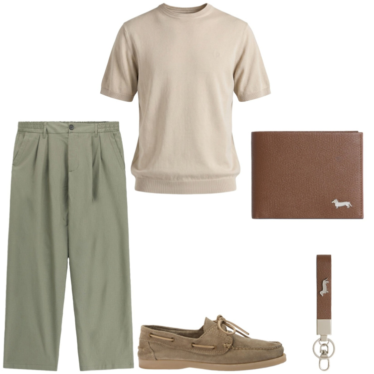 Outfit uomo - Accessori coordinati. Stile Trendy per Serata speciale. Abbinamento con portachiavi, scarpe stringate, t-shirt, portafogli, pantaloni.