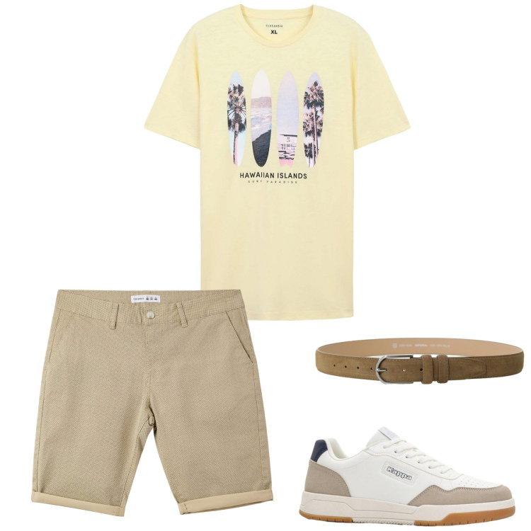 Outfit uomo - Sbarazzino. Stile Casual per Tutti i giorni. Abbinamento con sneakers, pantaloni corti, t-shirt sportive, cinture.