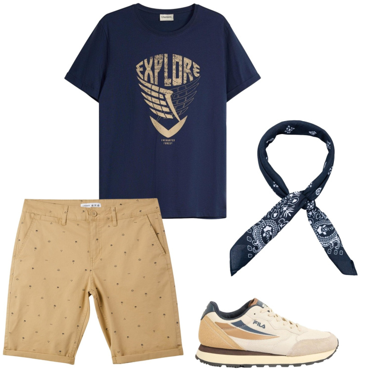 Outfit uomo - Explore. Stile Casual per Tutti i giorni. Abbinamento con sneakers, t-shirt, pantaloni corti, sciarpe e foulard.