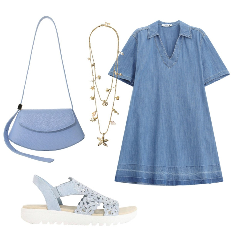 Outfit donna - In ufficio. Stile Casual chic per Ufficio. Abbinamento con sandali col tacco, borse a spalla, collane, vestiti corti.