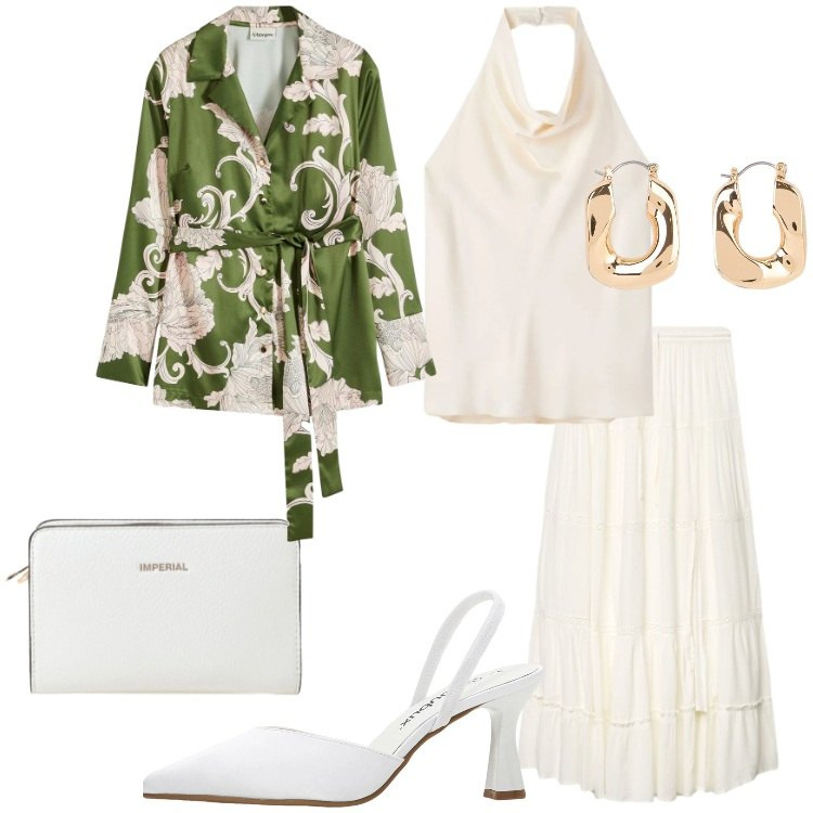 Outfit donna - Eleganza curvy per le sere di giugno. Stile Chic per Serata fuori. Abbinamento con bluse, décolleté, orecchini, gonne lunghe, canottiere, borse a tracolla.