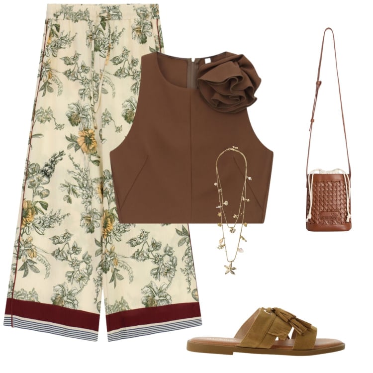 Outfit donna - Bloody Mary for me. Stile Casual chic per Tutti i giorni. Abbinamento con borse a secchiello, pantaloni a palazzo, top, sandali, collane.