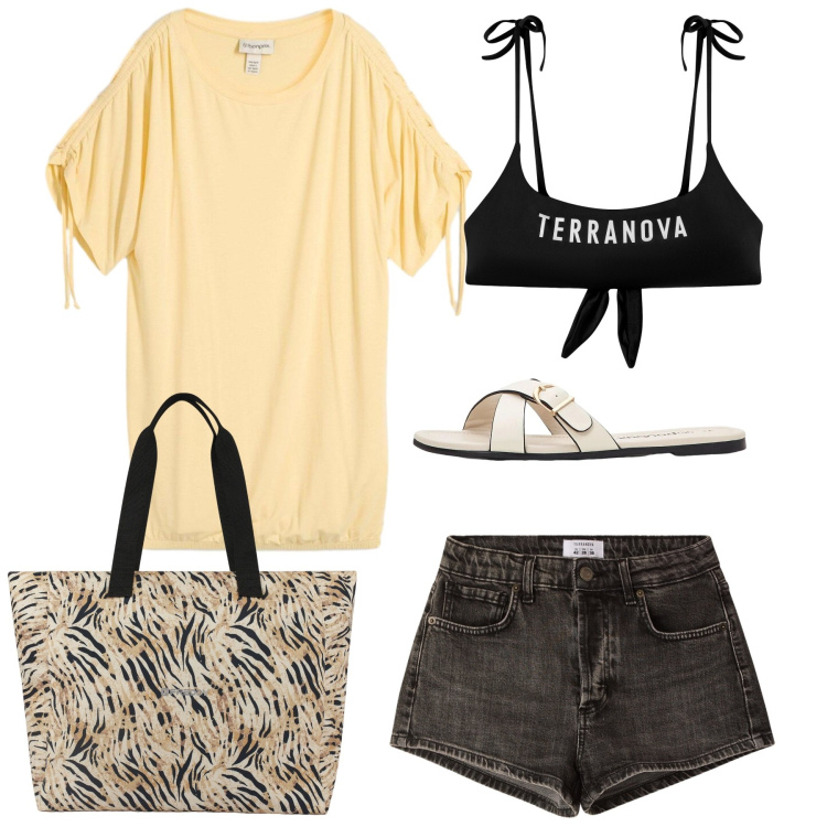 Outfit donna - Total look. Stile Casual per Mare. Abbinamento con maglieria, ciabatte, bikini, shorts, shopping bag.
