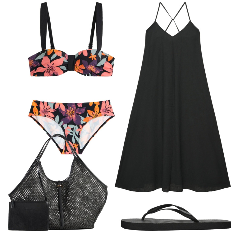 Outfit donna - Total look #2425679. Stile Minimal per Mare. Abbinamento con bikini, shopping bag, vestiti lunghi, infradito.