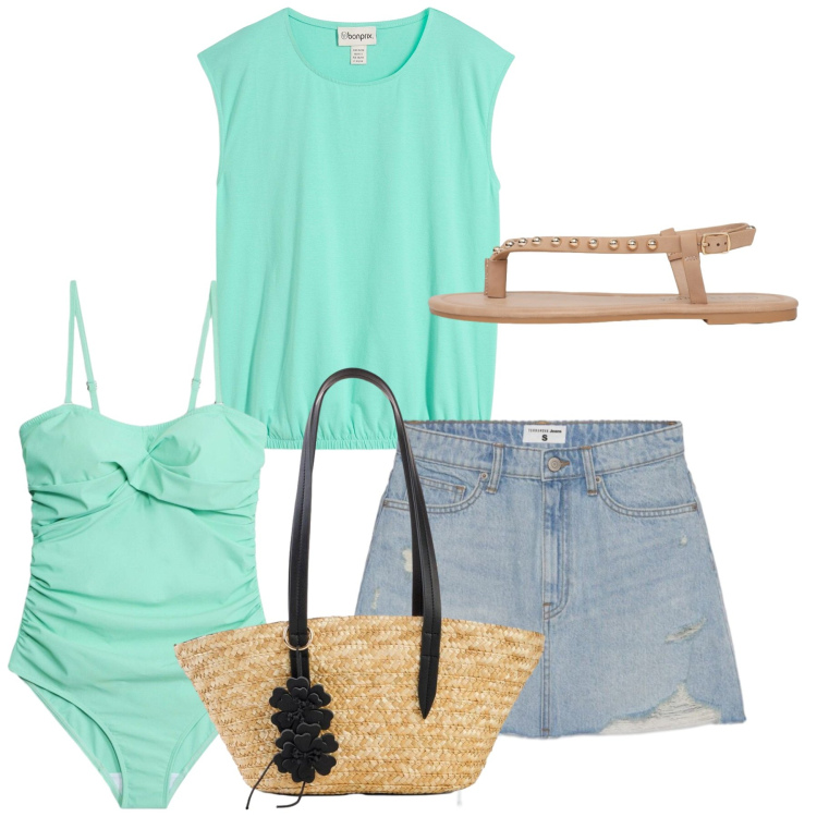 Outfit donna - Total look. Stile Chic per Mare. Abbinamento con shopping bag, maglieria, costumi interi, ciabatte, minigonne.