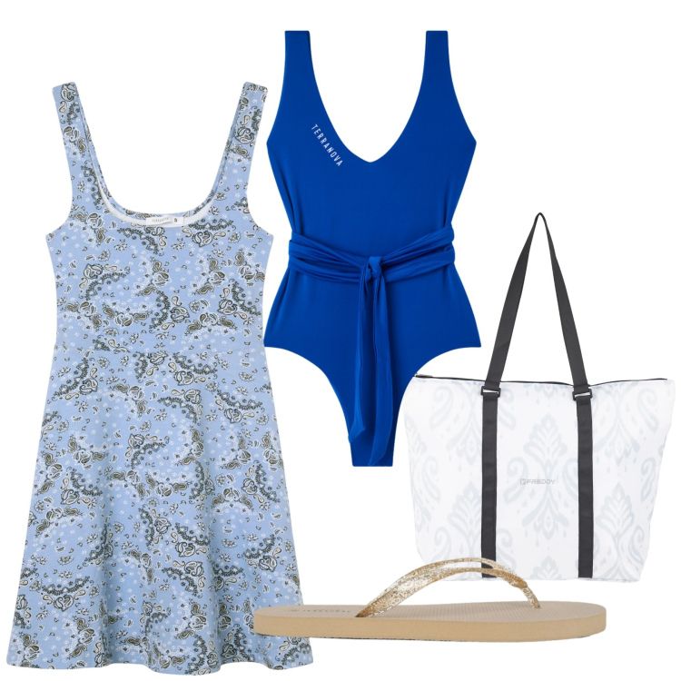 Outfit donna - Total look #2425688. Stile Basic per Mare. Abbinamento con infradito, costumi interi, vestiti corti, shopping bag.