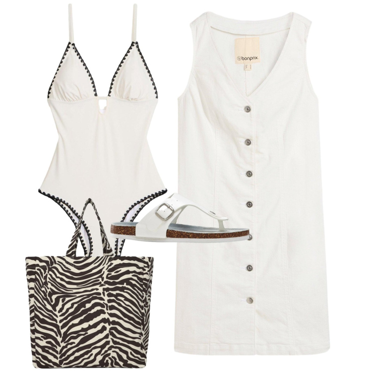 Outfit donna - Total look. Stile Chic per Mare. Abbinamento con vestiti, costumi interi, infradito, shopping bag.