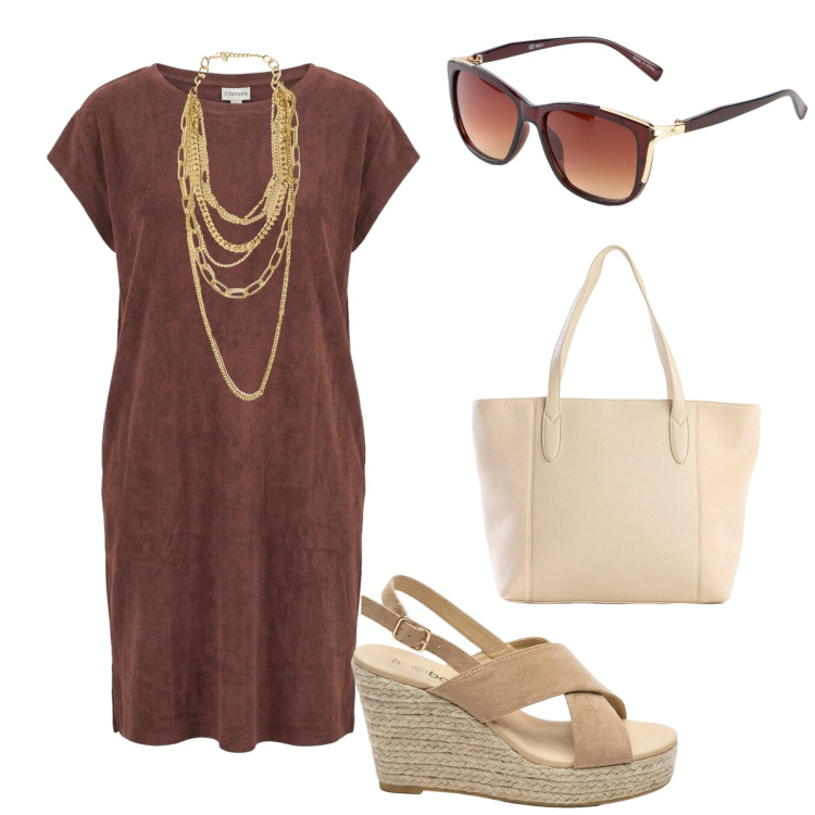 Outfit donna - Total look #2425693. Stile Chic per Tutti i giorni. Abbinamento con vestiti, occhiali da sole, sandali col tacco, shopping bag, collane.