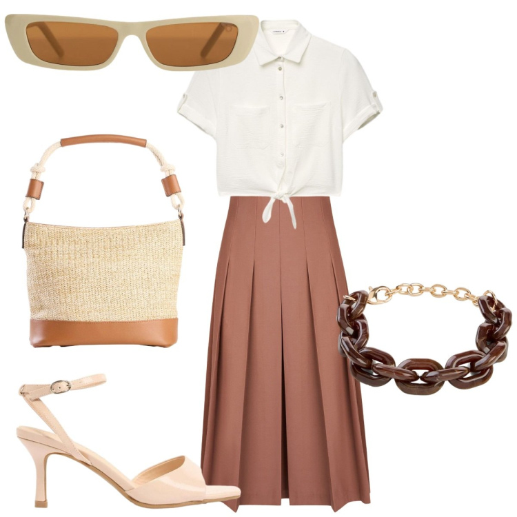 Outfit donna - Total Look estivo raffinato. Stile Preppy per Tutti i giorni. Abbinamento con borse a mano, braccialetti, sandali col tacco, camicie a manica corta, gonne longuette, occhiali da sole.