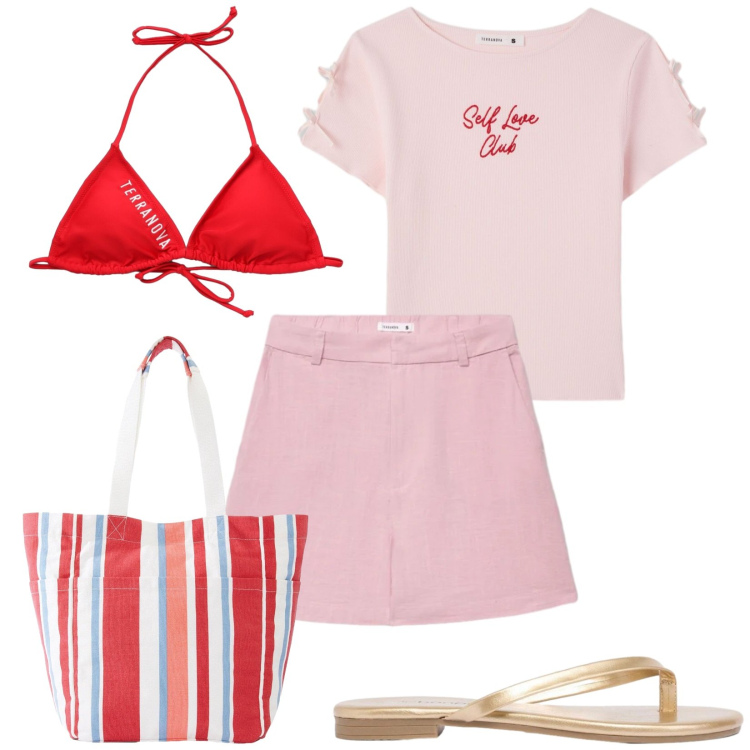 Outfit donna - Total look #2425697. Stile Casual per Mare. Abbinamento con shopping bag, sandali, t-shirt, bermuda, bikini.