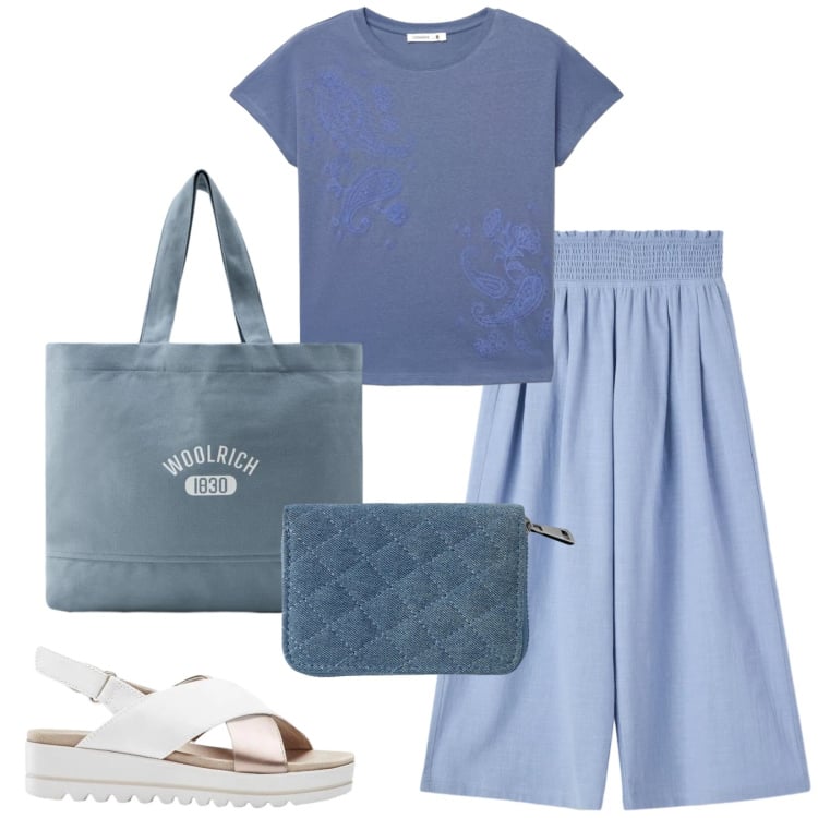 Outfit donna - Total look #2425699. Stile Casual per Tutti i giorni. Abbinamento con sandali, portafogli, t-shirt, pantaloni, borse tote.