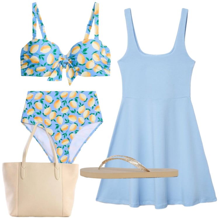 Outfit donna - Total look, . Stile Bon Ton per Tutti i giorni. Abbinamento con bikini, bikini, shopping bag, vestiti corti, infradito.