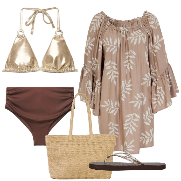 Outfit donna - Total look. Stile Chic per Mare. Abbinamento con vestiti da spiaggia, shopping bag, infradito, bikini, bikini.